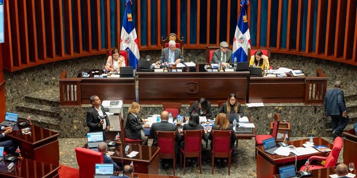 Senadores y personal técnico durante una sesión en el hemiciclo del Senado dominicano, con la mesa directiva y dos banderas dominicanas al fondo
