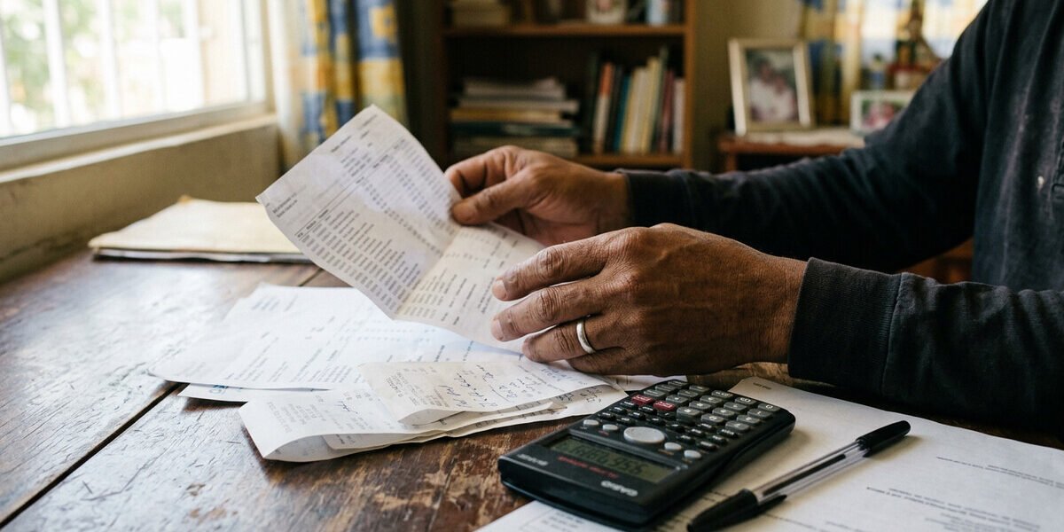 Persona revisa estados de cuenta y recibos de tarjeta de credito con una calculadora