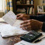 Persona revisa estados de cuenta y recibos de tarjeta de credito con una calculadora