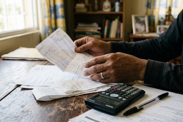 Persona revisa estados de cuenta y recibos de tarjeta de credito con una calculadora
