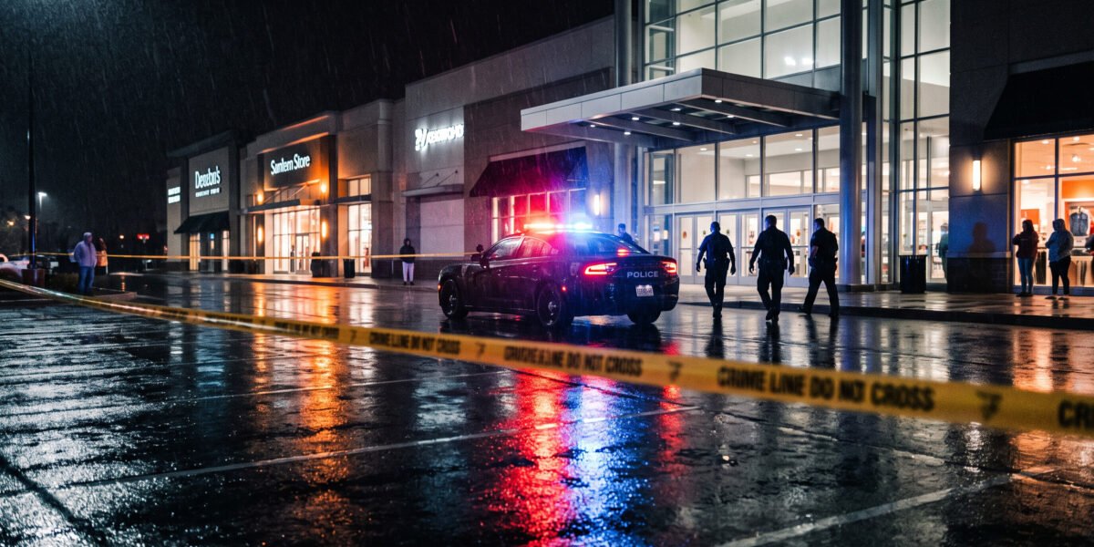 Patrulla policial y cinta de seguridad en centro comercial