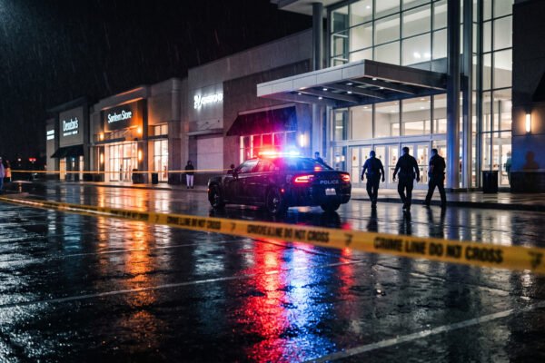 Patrulla policial y cinta de seguridad en centro comercial