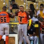 Jugadores de los Toros del Este chocan las manos frente al dugout durante un partido de la Lidom