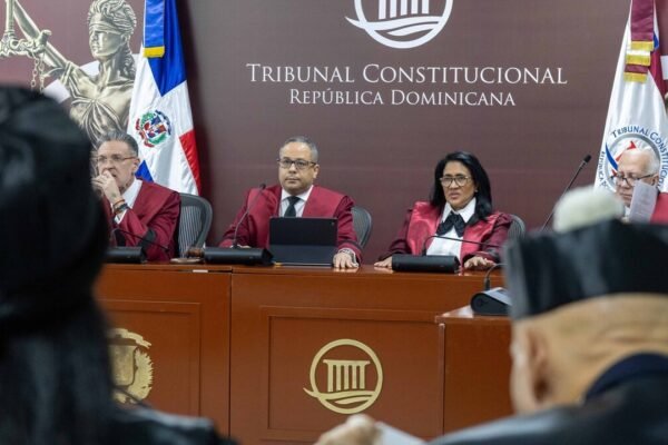 Jueces del Tribunal Constitucional con togas granate durante una audiencia, ante un fondo con el nombre de la institución y banderas dominicanas