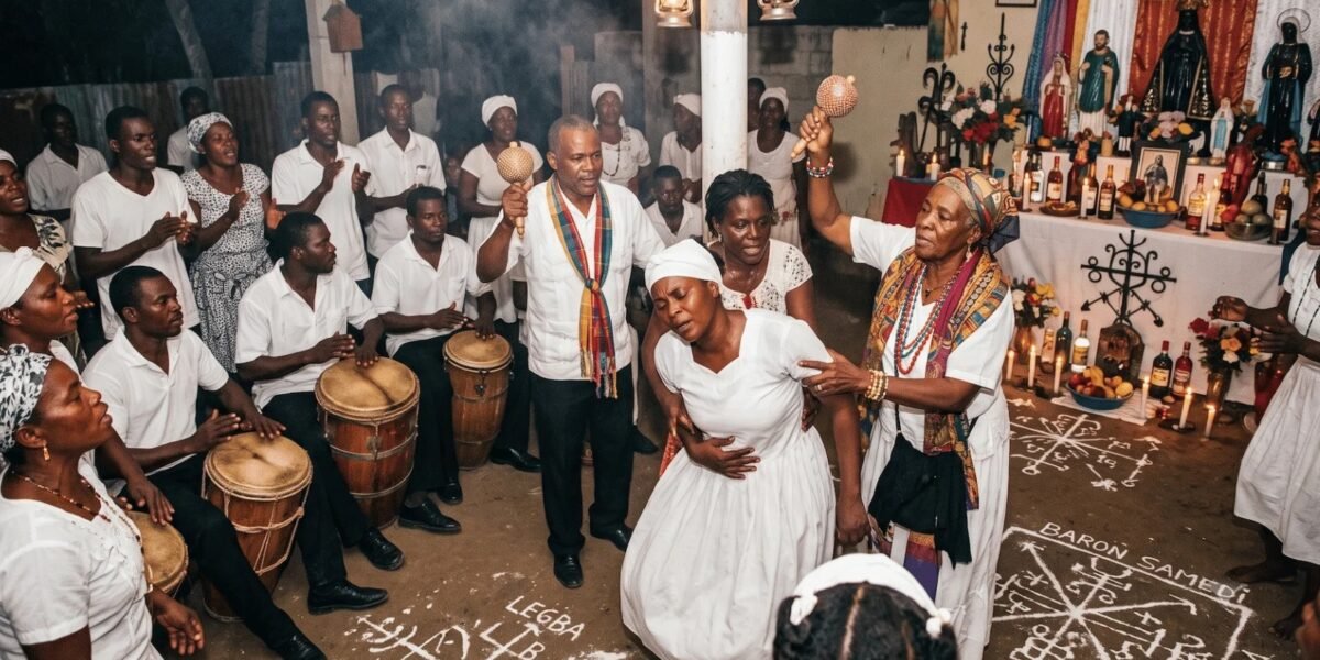 Personas vestidas de blanco tocan tambores y danzan alrededor de un poste central junto a un altar con velas, imágenes de santos y dibujos rituales en el suelo